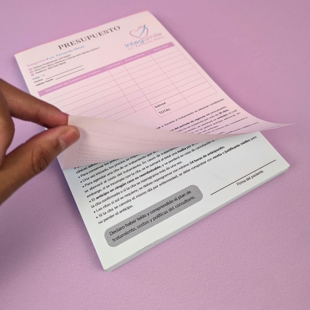 Presupuestos Dentales Foliados y Engomados + 1 Copia para Consultorio Dental – 100% Personalizados
