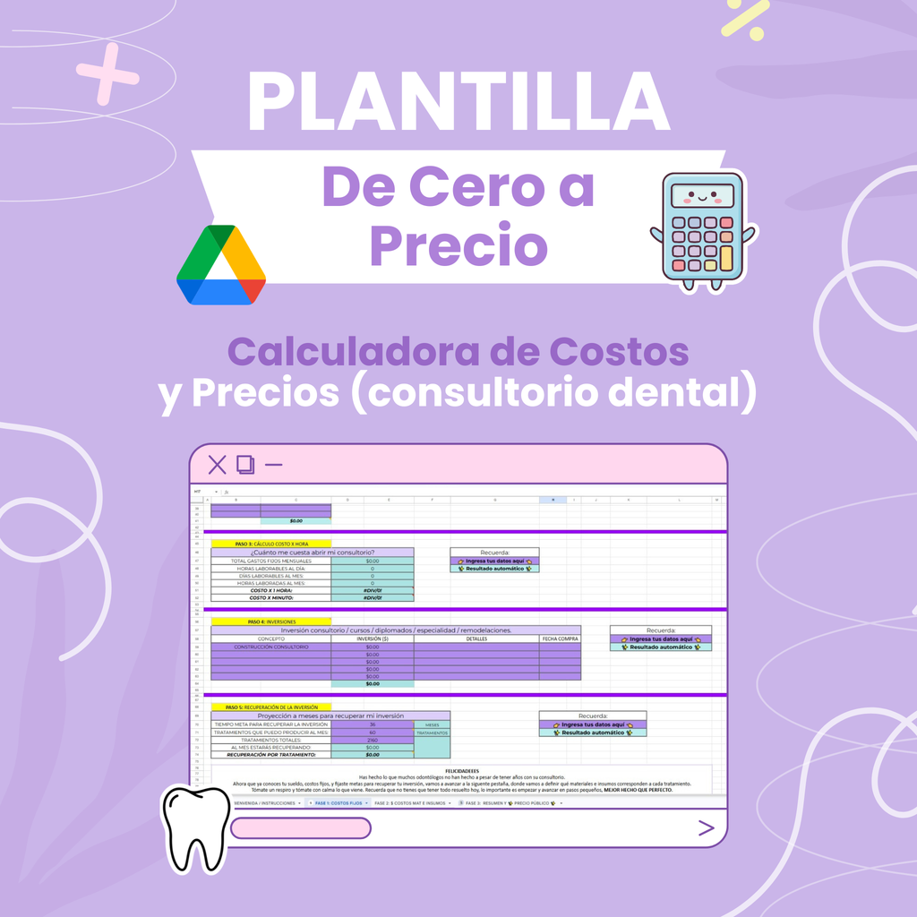 Plantilla De Cero a Precio | Calculadora de Costos y Precios (Consultorio Dental)