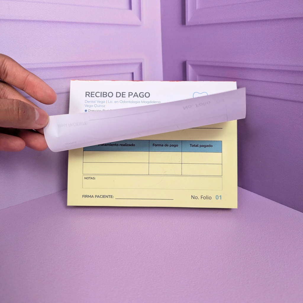Recibos Foliados Engomados + 1 Copia para Consultorio Dental – 100% Personalizados