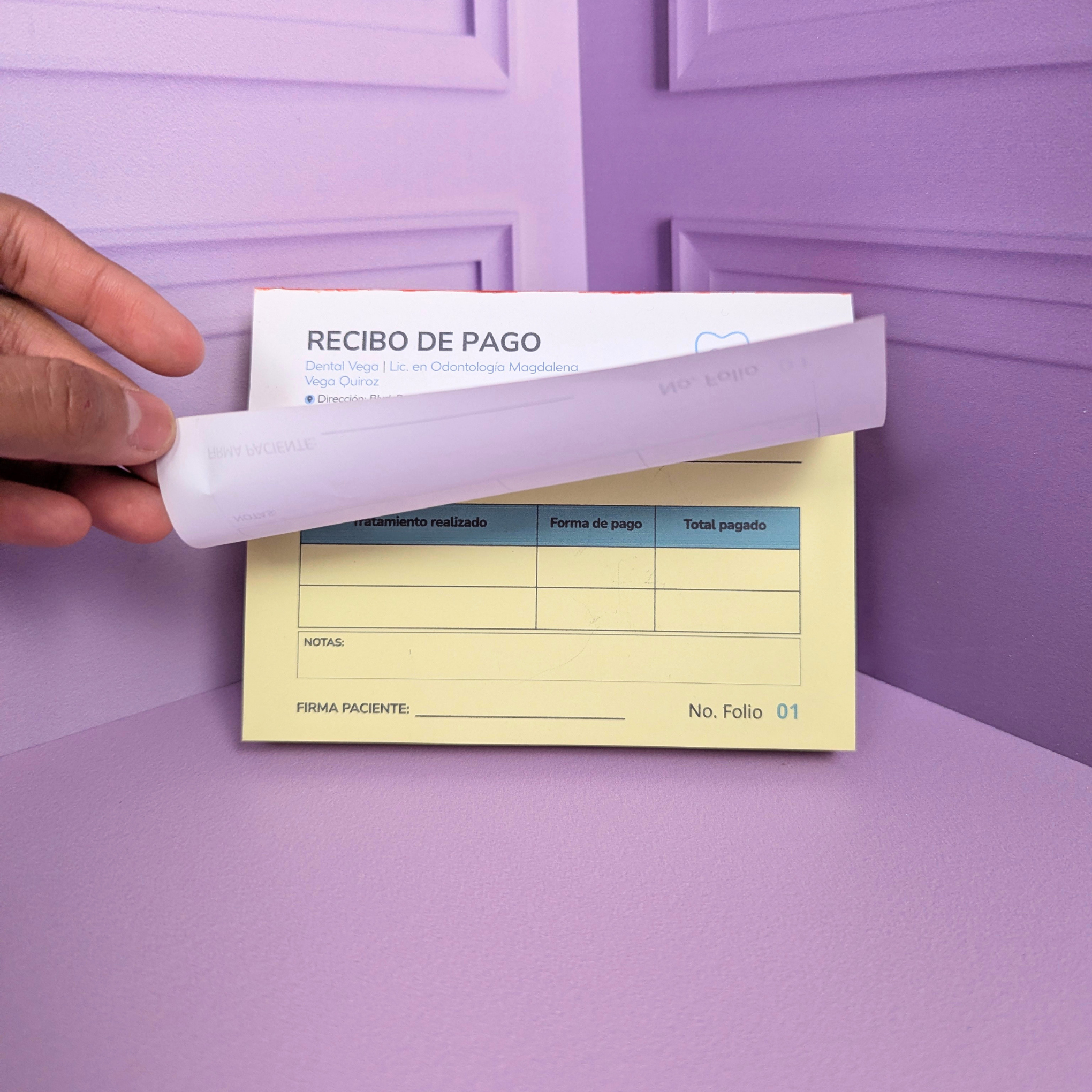 Recibos Foliados Engomados + 1 Copia para Consultorio Dental – 100% Personalizados