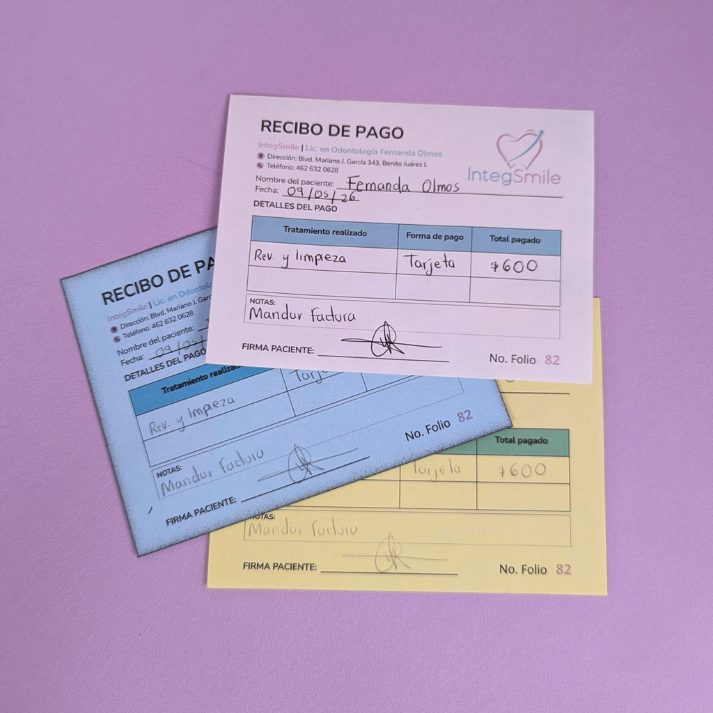 Recibos Foliados Engomados + 2 Copias para Consultorio Dental – 100% Personalizados