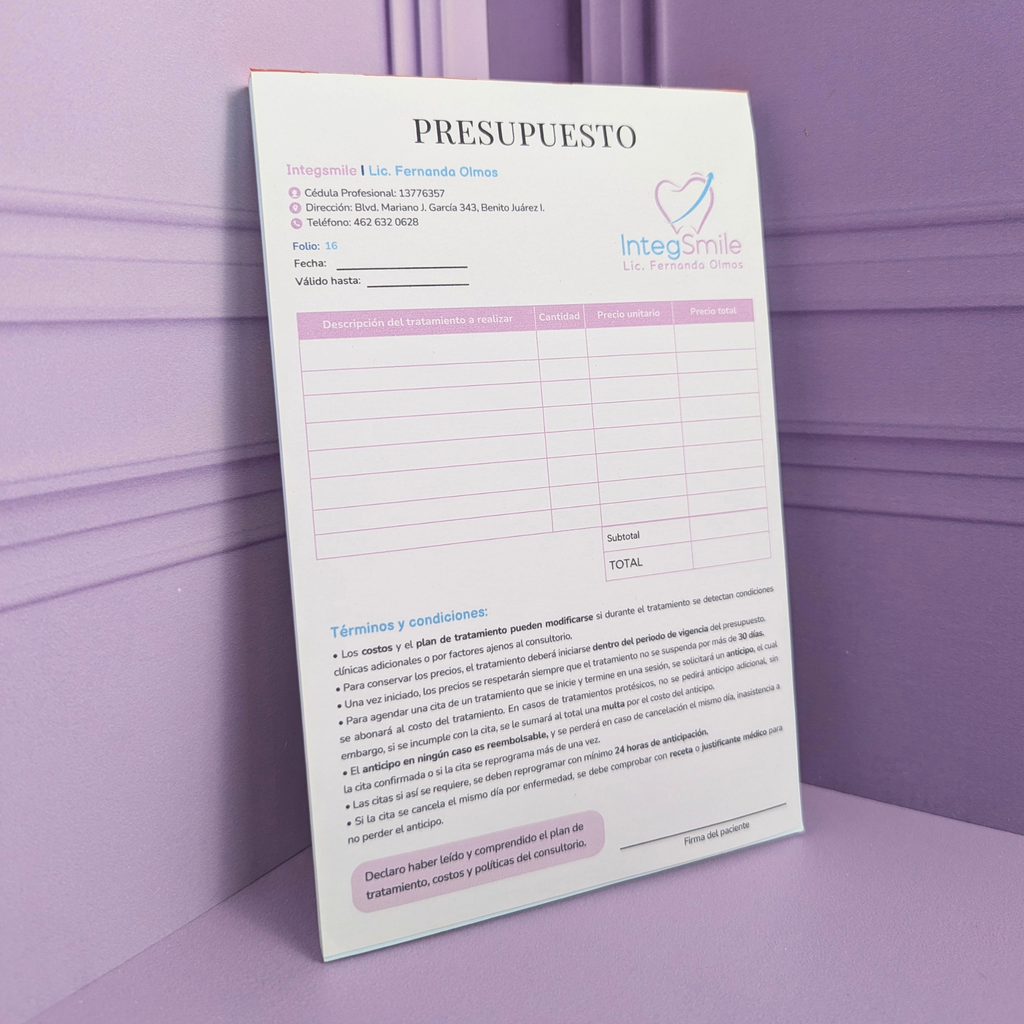 Presupuestos Dentales Foliados y Engomados + 1 Copia para Consultorio Dental – 100% Personalizados