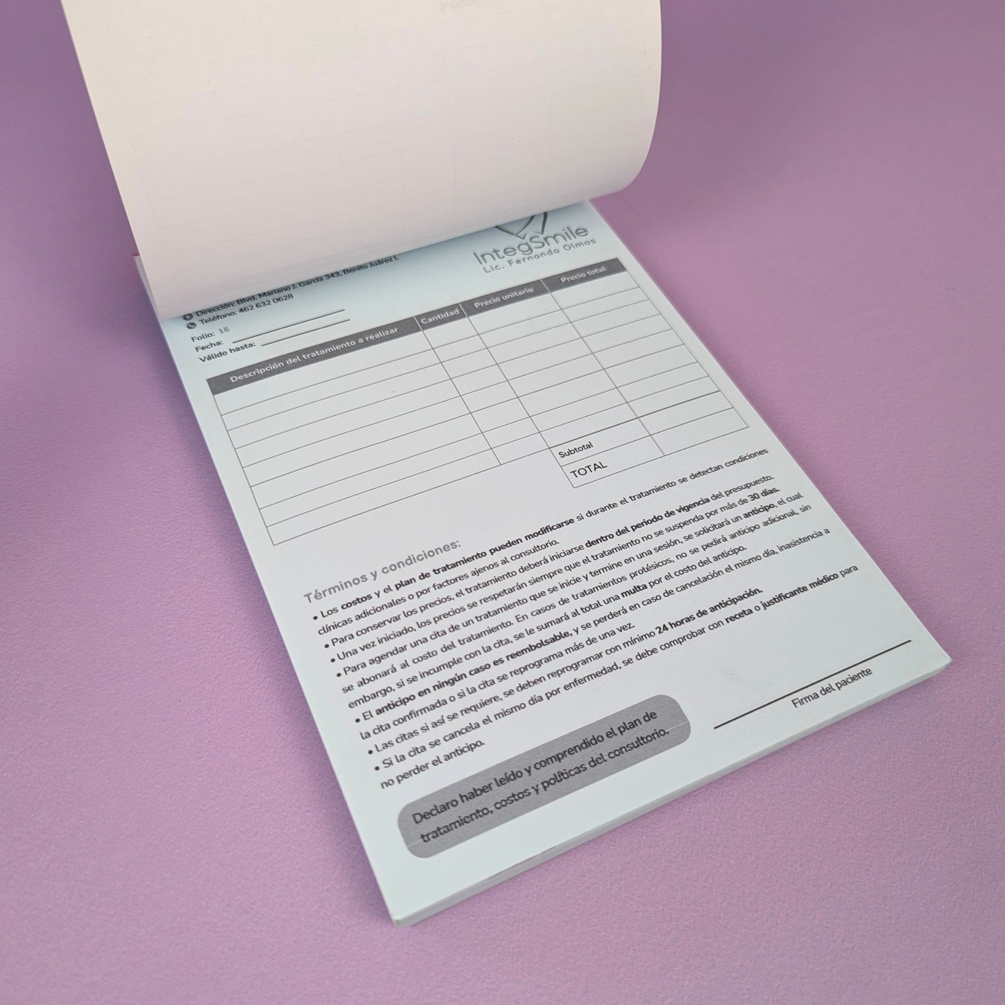 Presupuestos Dentales Foliados y Engomados + 1 Copia para Consultorio Dental – 100% Personalizados